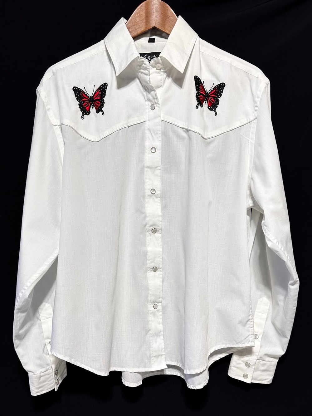 White Horse Butterfly Embroidered Western Snap Shirt White L